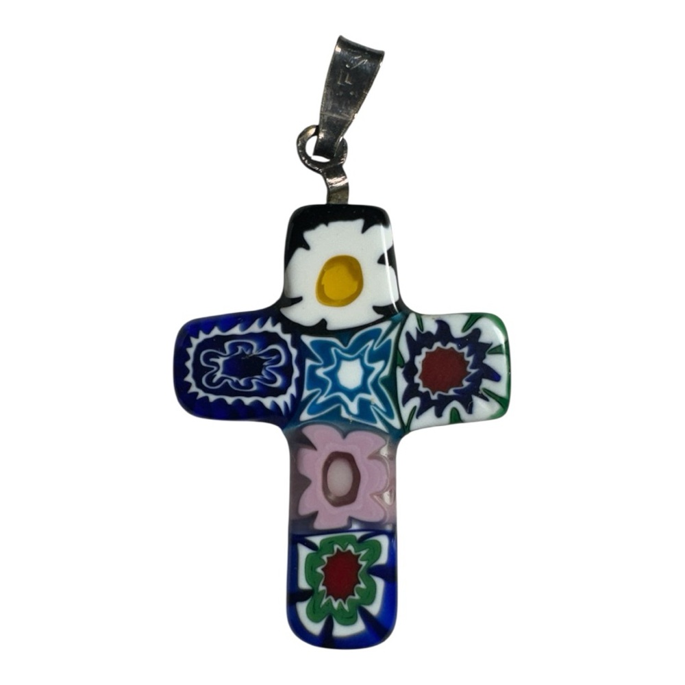 Millefiori Murano Glass Cross Pendant with Sterling Silver Bail – Made in Italy‎